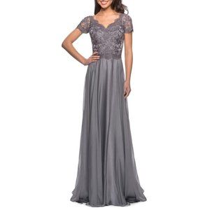 La Femme Embroidered Lace & Chiffon A-Line Gown in Platinum, Size 10